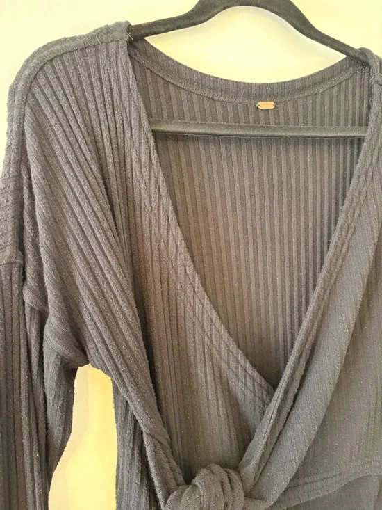 Free People Black Ribbed Wrap Tunic Long Sleeve With Side Slits - Picture 3 of 7